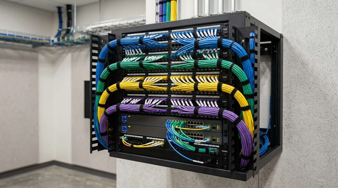 Structured data and communications cabling rack, neatly labelled