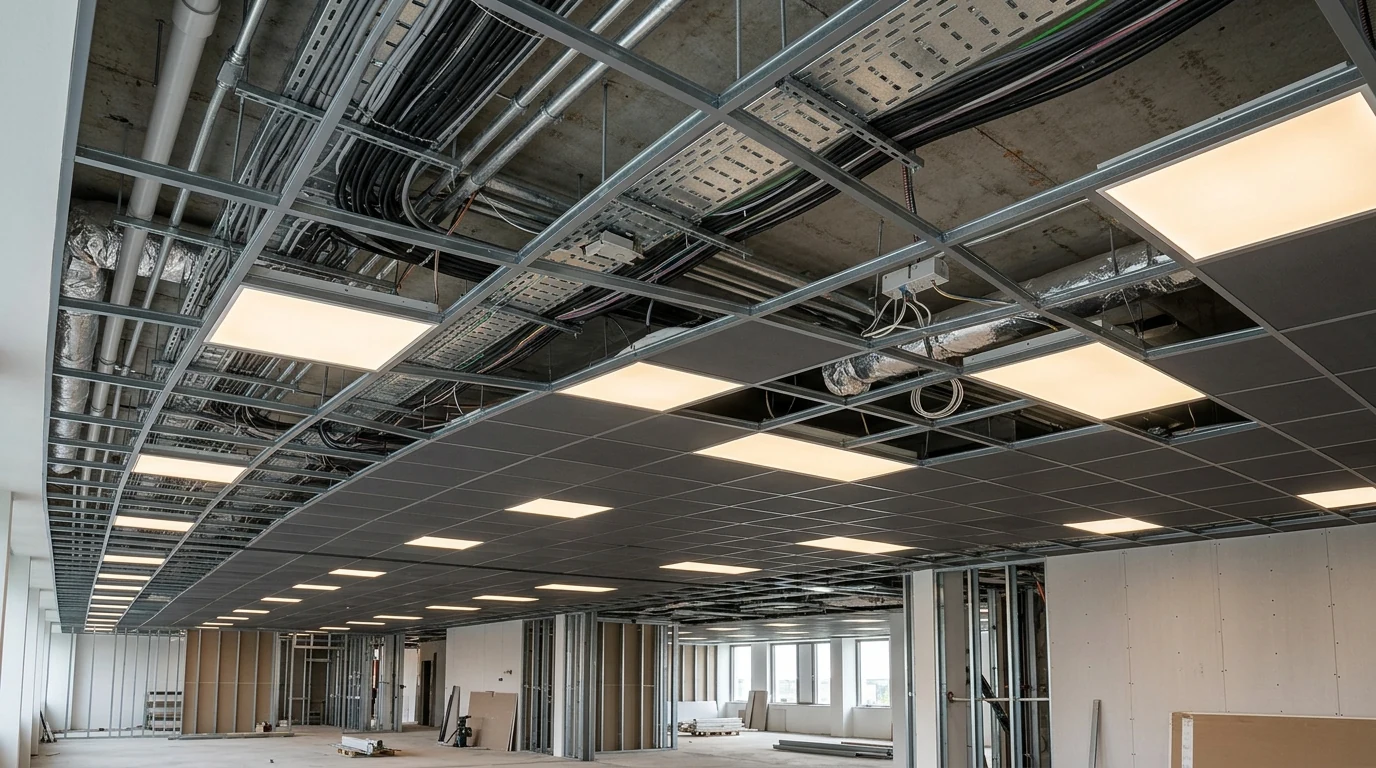 Commercial ceiling mid fit-out with LED panel lighting installed