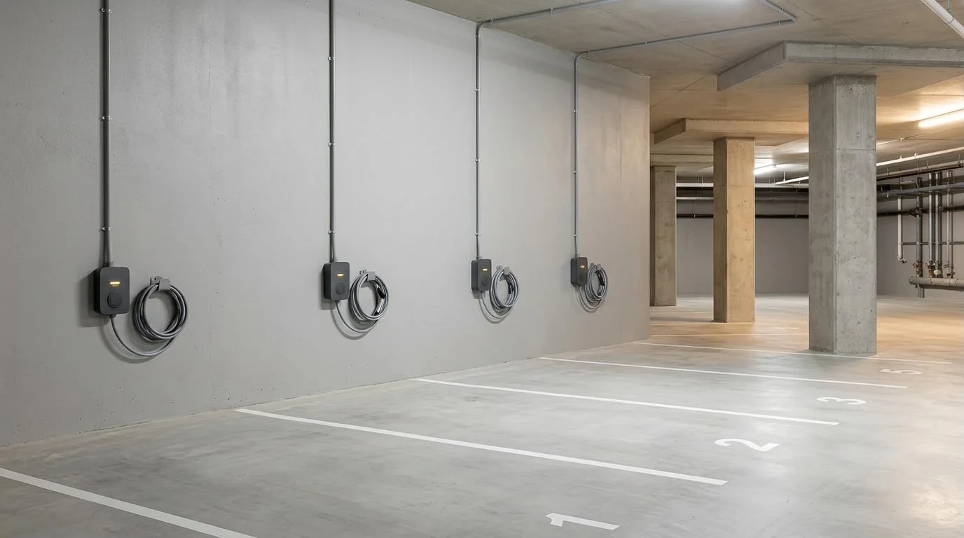 Row of EVME smart charging outlets in a strata apartment car park