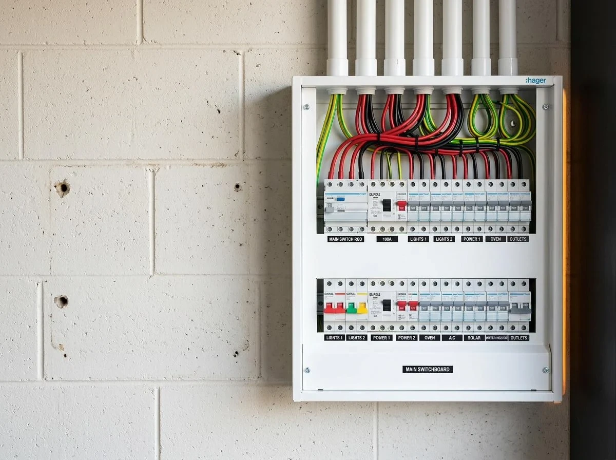 Modern upgraded switchboard with safety switches after upgrade